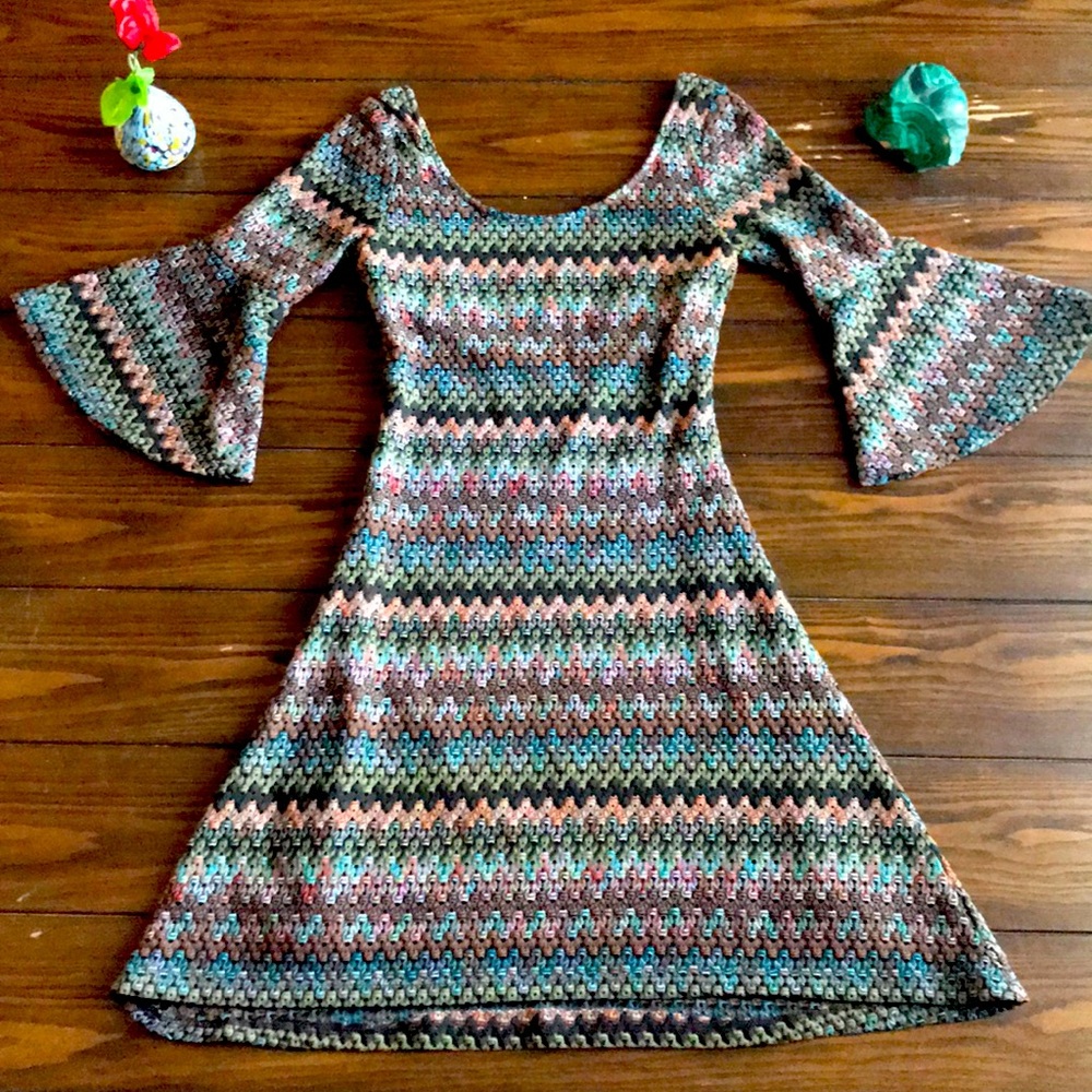 Multicolor Flared Knit Boho Dress